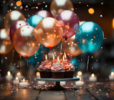 birthday party balloons cake glitter confetti background